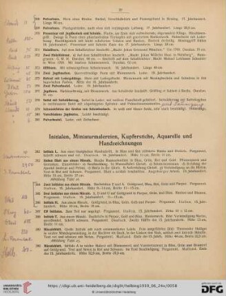 Initialen, Miniaturmalereien, Kupferstiche, Aquarelle und Handzeichnungen (Nr. 382-436)