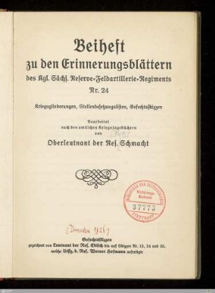 Beiheft zu den Erinnerungsblättern des Kgl. Sächs. Reserve-Feldartillerie-Regiments Nr. 24