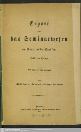 Exposé über das Seminarwesen im Königreiche Sachsen
