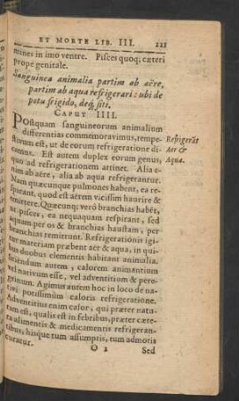 Sanguinea animalia partim ab aere, partim ab aqua refrigerari: ubi de potu frigido, deq[ue] siti. Caput IIII.