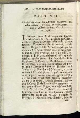 Capo VIII. Movimenti delle due Armate Francese, ed Annoverese. Descrizione della Battaglia d Astenbech data alli 26. di Luglio.
