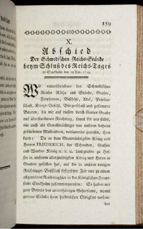 X. Abschied Der Schwedischen Reichs-Stände beym Schluß des Reichs-Tages in Stockholm den 18 Apr 1739.