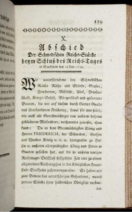 X. Abschied Der Schwedischen Reichs-Stände beym Schluß des Reichs-Tages in Stockholm den 18 Apr 1739.