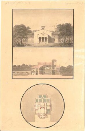 Gärtner, Friedrich von; Bethaus, Projekt - Grundriss, Ansicht, Schnitt
