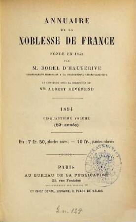 Annuaire de la noblesse de France. 50. 1894