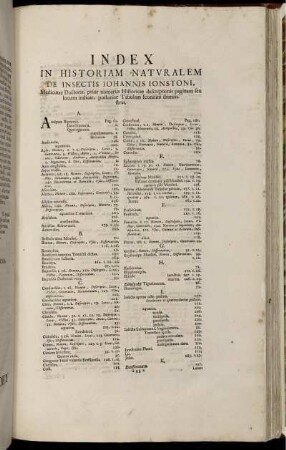 Index In Historiam Naturalem De Insectis Iohannis Ionstoni.