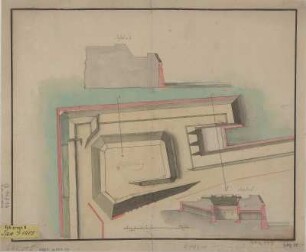 Risse vom Hasenberg auf der Festungsmauer in Dresden, Handzeichnung, 1715 : [Risse vom Hasenberg auf der Festungsmauer in Dresden] - [S.l.] , [1715]. - 3 Risse : kolor. Handzeichng. ; 36 x 29 cm