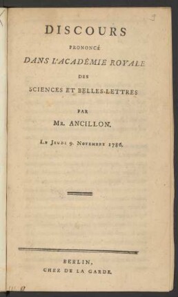 Discours Prononcé Dans L'Académie Royale Des Sciences Et Belles-Lettres