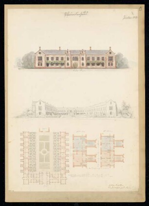 Pfründenhaus Monatskonkurrenz Januar 1843: Gesamtgrundriss Erdgeschoss,Grundriss Erdgeschoss und Obergeschoss einer Baueinheit, Aufriss Straßenansicht, perspektivische Hofansicht; 2 Maßstabsleisten