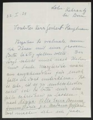 Brief von Annette Kolb an Gerhart Hauptmann