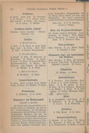 Eishandlungen. Eisengießerei und Maschinenfabrik. Eisen- und Kurzewaarenhandlungen. Eisen-Handlungen. Eisenwaaren-Lager und landwirthschaftliche Maschinen. Essigfabriken. Farbenhandlungen. Färber. Feilenhauer. Fettwaaren-Handlungen. Fisch-Handlungen. Fortepiano-Fabriken und Niederlagen. Fournier-Handlungen. Friseure. Friseurinnen. Fuhrleute.]
