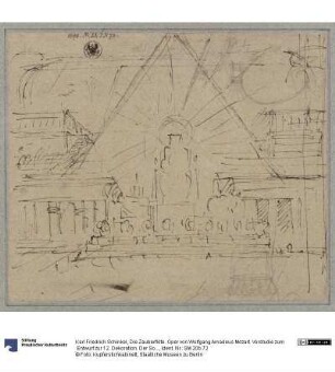 Die Zauberflöte. Oper von Wolfgang Amadeus Mozart. Vorstudie zum Entwurf zur 12. Dekoration. Der Sonnentempel des Sarastro. Götterbild mit Aura, dahinter eine Pyramide