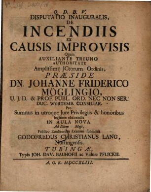 Disputatio inauguralis, De Incendiis Ex Causis Improvisis