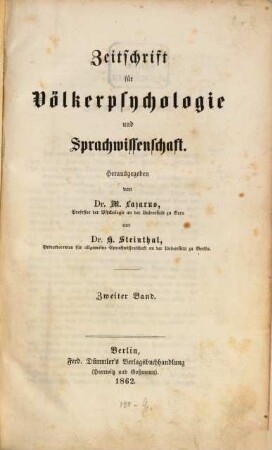 Zeitschrift für Völkerpsychologie und Sprachwissenschaft. 2. 1862