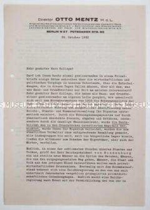 Offener Brief preußischen Landtagsabgeordneten an seine Kollegen mit Wahlpropaganda für die DNVP zur Reichstagswahl im November 1932