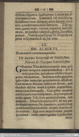 LX. DN. ALBERTI. Transmittit carmina nuptialia