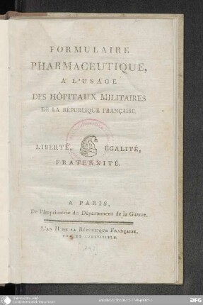 Formulaire Pharmaceutique, A L'Usage Des Hôpitaux Militaires De La République Française