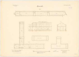 Kavallerie Kasernement, Danzig-Langfuhr Pferdeställe: Grundrisse 1:200, Längsschnitt und Querschnitt 1:100