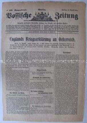 Titelblatt der Tageszeitung "Vossische Zeitung" zur Kriegserklärung Englands an Österreich