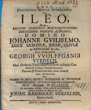 Dissertatio Medica Inauguralis De Ileo