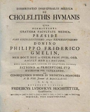 Dissertatio inavgvralis medica de cholelithis hvmanis