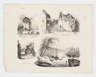 Skizzenblatt mit Mühle; zwei Dorfstraßen; Boote am Flussufer, Blatt 12 der Folge "Deuxième série de croquis"