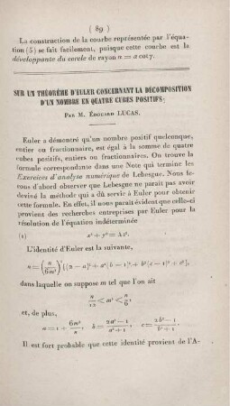Sur un théorème d'Euler concernant la décompositions d'un nombre en quatre cubes positifs.