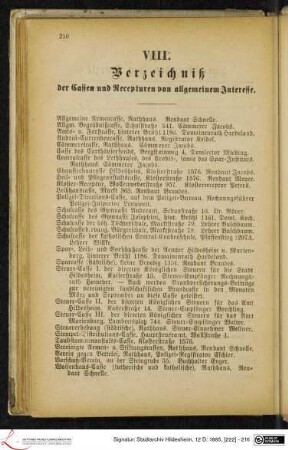VIII. Verzeichniß der Cassen und Recepturen von allgemeinem Interesse.