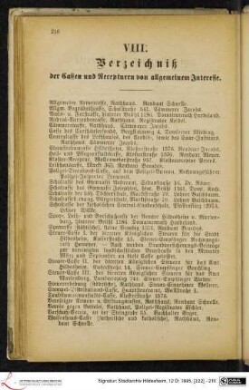 VIII. Verzeichniß der Cassen und Recepturen von allgemeinem Interesse.