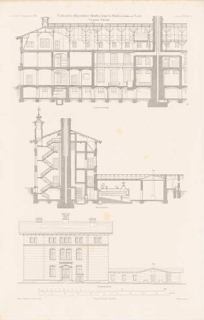 Städtisches Allgemeines Krankenhaus, Berlin-Friedrichshain: Seitenansicht, Querschnitt, Längsschnitt Wirtschaftsgebäude (aus: Atlas zur Zeitschrift für Bauwesen, hrsg. v. F. Endell, Jg. 26, 1876)