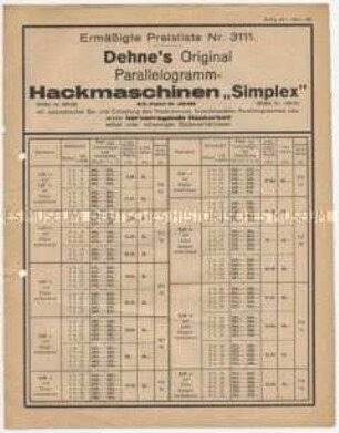 Ermäßigte Preisliste Nr. 3111 über Parallelogrammhackmaschinen "Simplex"