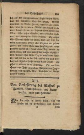 XIII. Von Verbesserung des Wassers zu Fabriken, Manufakturen und Handwerken, auch zum Feldbaue