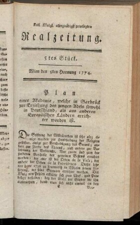 5tes Stück. Wien den 5ten Hornung 1774.