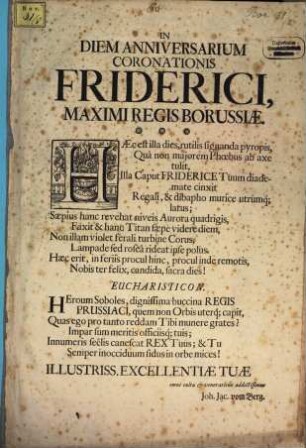 In Diem Anniversarium Coronationis Friderici, Maximi Regis Borussiæ
