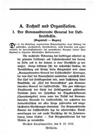I. Der Kommandierende General der Luftstreitkräfte.