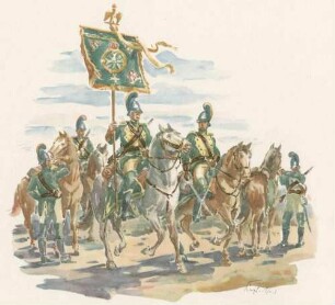 Jäger-Regiment zu Pferd Herzog Louis 1810, Uniform-Darstellung von Offizieren, Soldaten mit Regimentsfahne und Gewehr alle mit Zierhelm zu Pferd