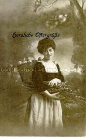 Oster-Postkarte (Frau mit Ostereierkorb auf dem Rücken)