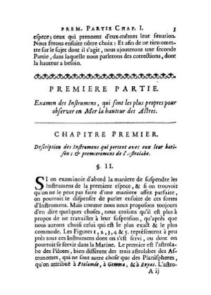 Premiere Partie. Examen des Instrumens, qui sont les plus propres pour observer en Mer la hauteur des Astres.