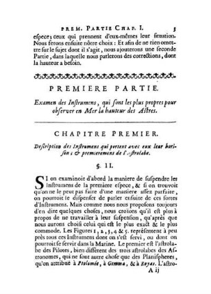 Premiere Partie. Examen des Instrumens, qui sont les plus propres pour observer en Mer la hauteur des Astres.