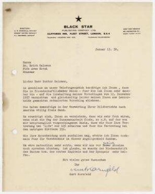 Brief von Kurt Kornfeld, Black Star, London an Erich Salomon