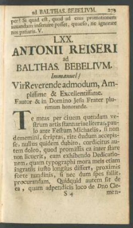 LXX. Antonii Reiseri ad Balthas. Bebelium