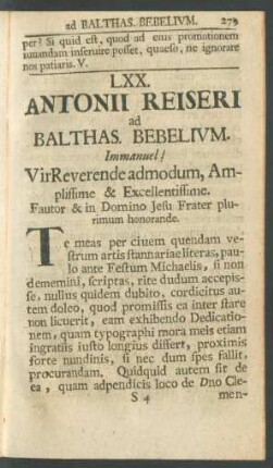 LXX. Antonii Reiseri ad Balthas. Bebelium