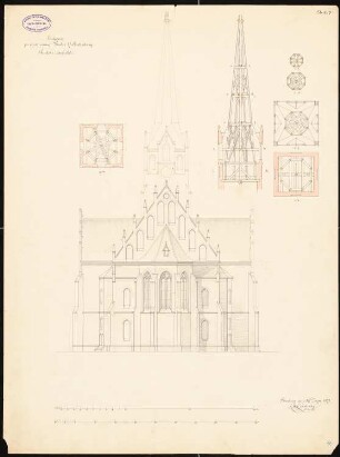 Evangelische Kirche, Festenberg: Aufriss der Chorseite, Teilschnitt und fünf Grundrisse des Turmes, Maßstabsleiste