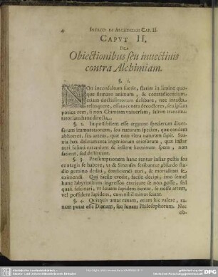 Caput II. De Obiectionibus seu invectiuis contra Alchimiam