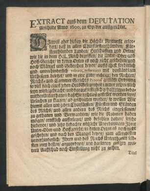 Extract aus dem Deputation Abscheide Anno 1600. zu Speyer auffgerichtet.