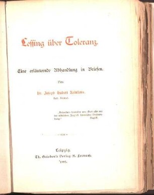 Lessing über Toleranz : eine erläuternde Abhandlung in Briefen