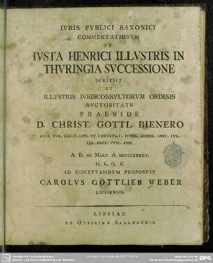 Iuris Publici Saxonici Commentationem De Iusta Henrici Illustris In Thuringia Successione