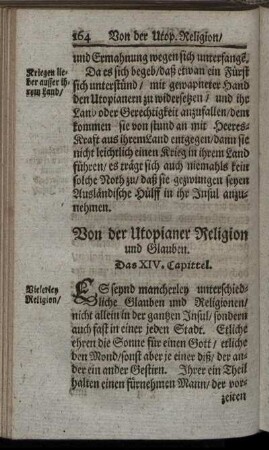 Von der Utopianer Religion und Glauben. Das XIV. Capittel.