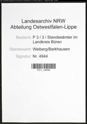 Sterberegister Standesamt Weiberg/Barkhausen