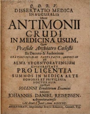 Diss. med. inaug. sistens antimonii crudi in medicina usum